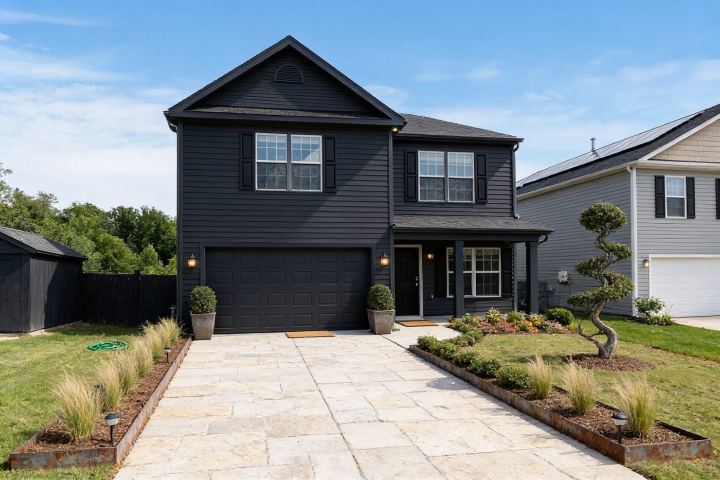 The same driveway & front redesigned by AI in the Modern style