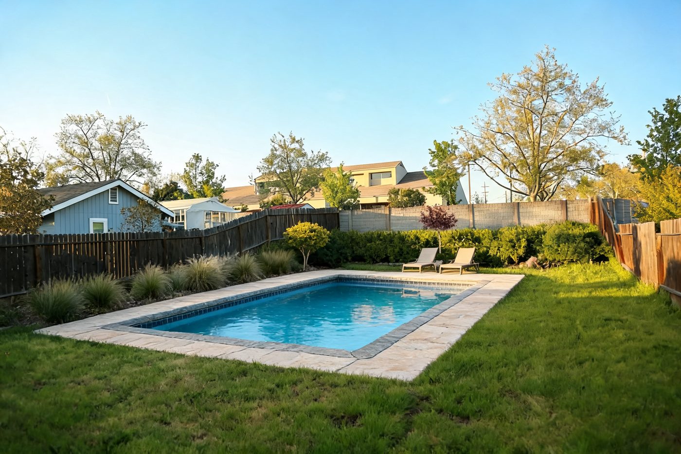 Backyard after AI landscaping design with pool