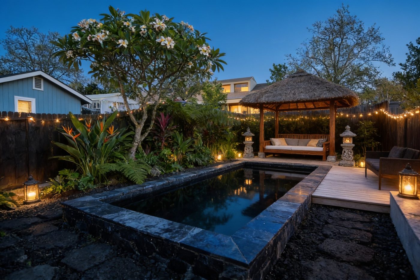 The same backyard redesigned by AI in the Bali style