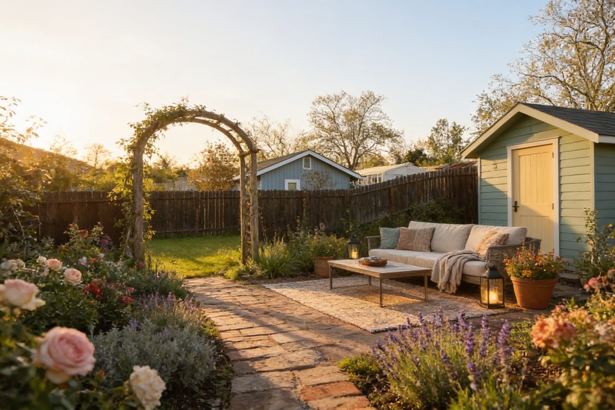 The same backyard redesigned by AI in the Cottage style