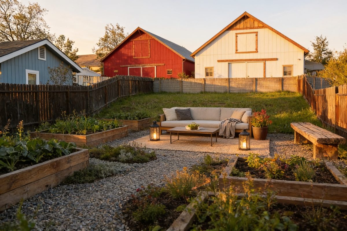 The same backyard redesigned by AI in the Farmhouse style