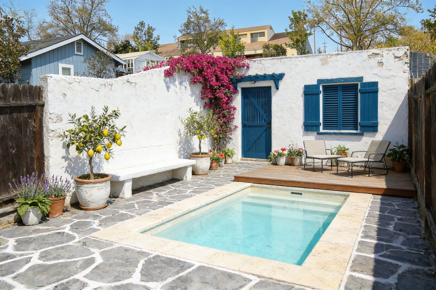 The same backyard redesigned by AI in the Greek island style