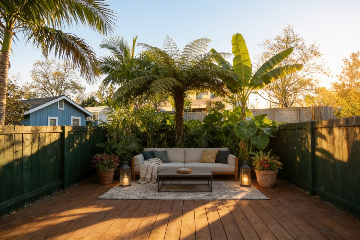 The same backyard redesigned by AI in the Tropical style
