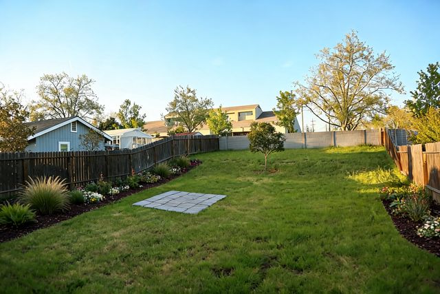Fresh Lawn style backyard designed by AI — photorealistic landscape render