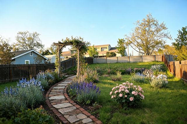Cottage style backyard designed by AI — photorealistic landscape render