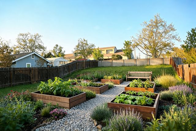 Farmhouse style backyard designed by AI — photorealistic landscape render