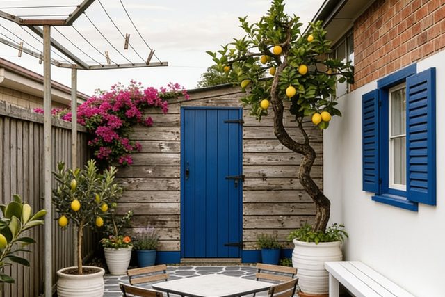 Greek island style backyard designed by AI — photorealistic landscape render