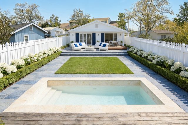 Hamptons style backyard designed by AI — photorealistic landscape render