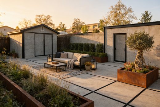 Industrial style backyard designed by AI — photorealistic landscape render