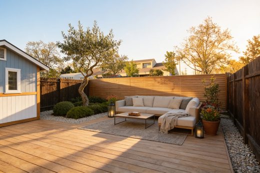 Japandi style backyard designed by AI — photorealistic landscape render