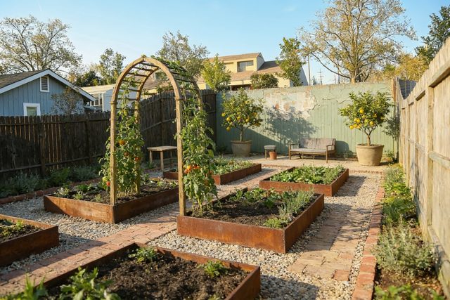 Kitchen garden style backyard designed by AI — photorealistic landscape render