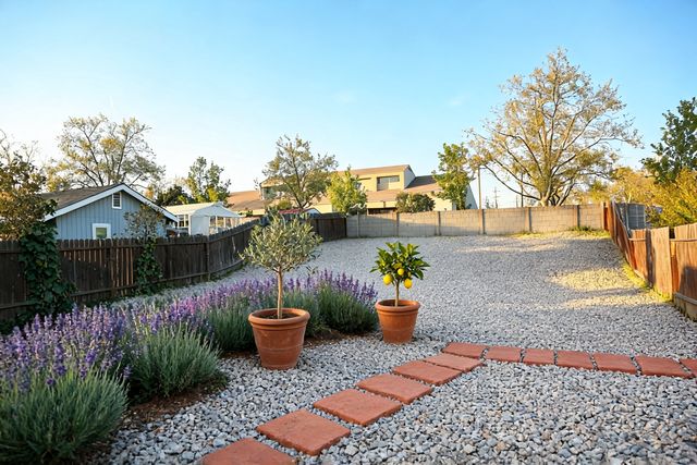Mediterranean style backyard designed by AI — photorealistic landscape render