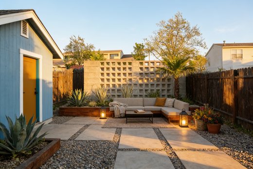 Mid-century style backyard designed by AI — photorealistic landscape render