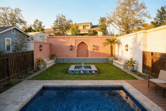 Moroccan style backyard designed by AI — photorealistic landscape render