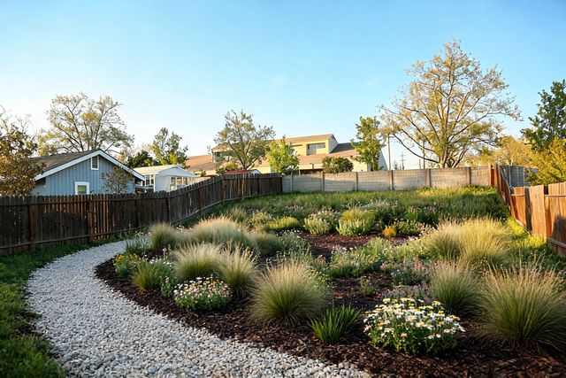 Native garden style backyard designed by AI — photorealistic landscape render