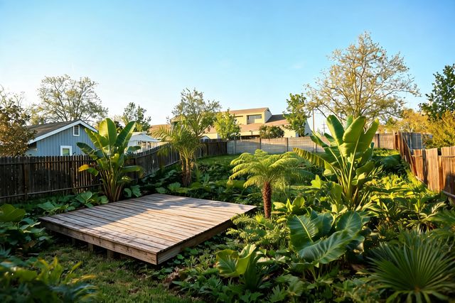 Tropical style backyard designed by AI — photorealistic landscape render