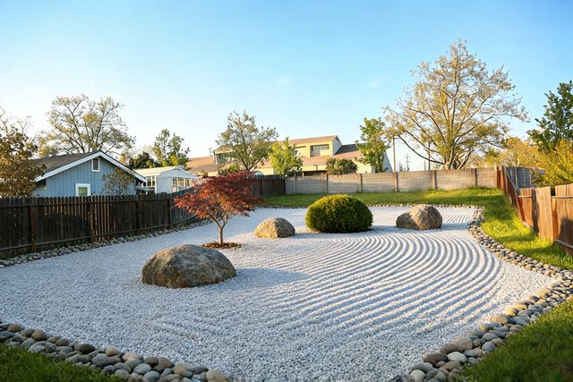 Japanese Zen style backyard designed by AI — photorealistic landscape render
